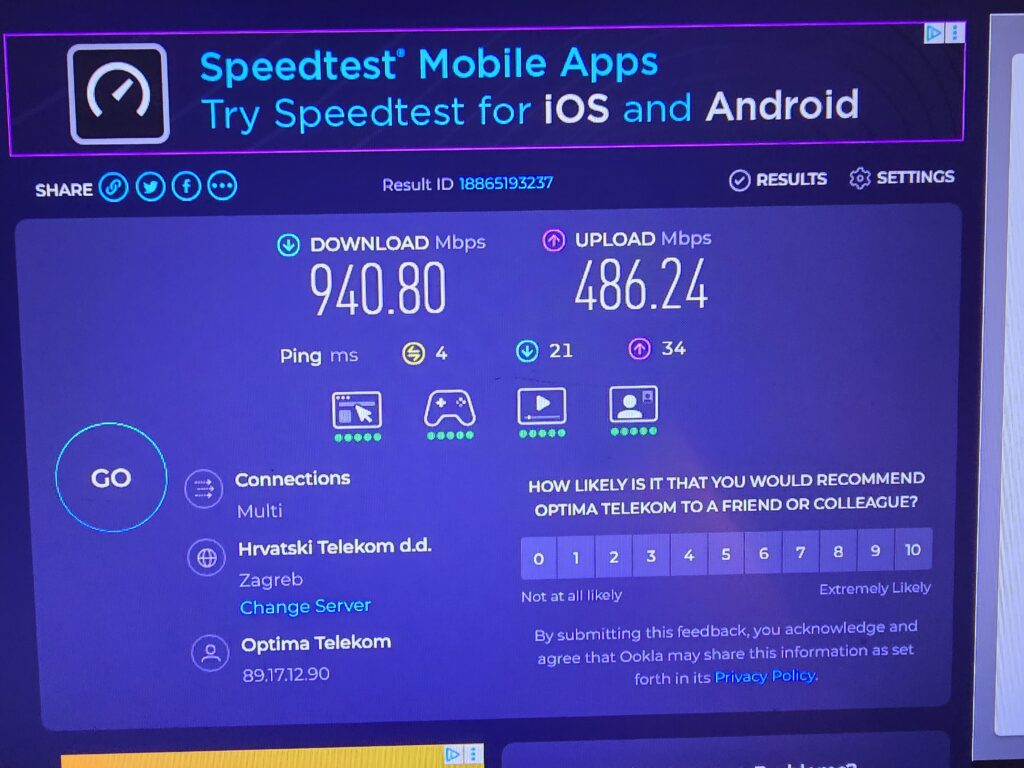 Brzina optičkog interneta u Skopskoj ulici Karlovac 940 Mbps download i 486 Mbps upload