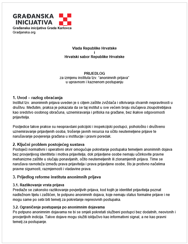 📌 PRIJEDLOG ZA PROMJENU INSTITUTA “ANONIMNIH PRIJAVA”📄 upućen Vladi Republike Hrvatske i Hrvatskom saboru